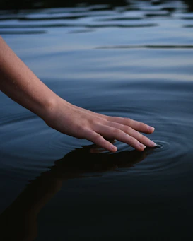 persons hand on body of water