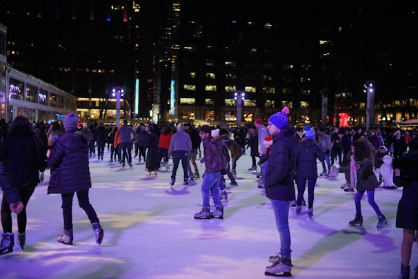 A cozy seating area with visitors relaxing and chatting between skating sessions.