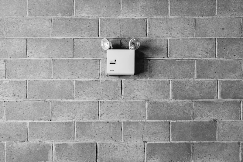 Wall-mounted white motion detector on a brick wall