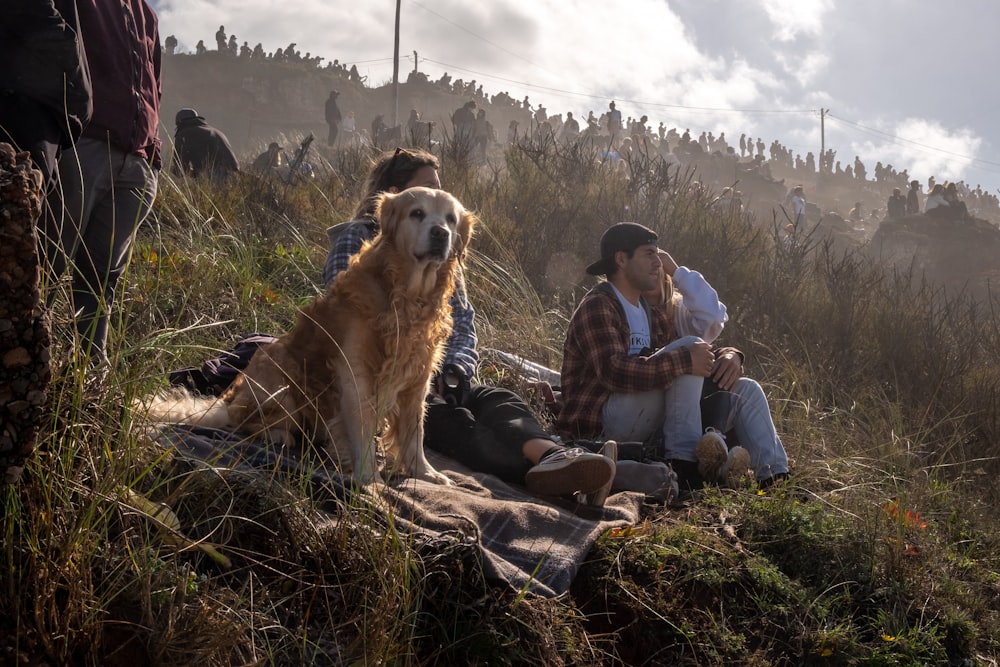 man and woman sitting on grass field beside golden retriever