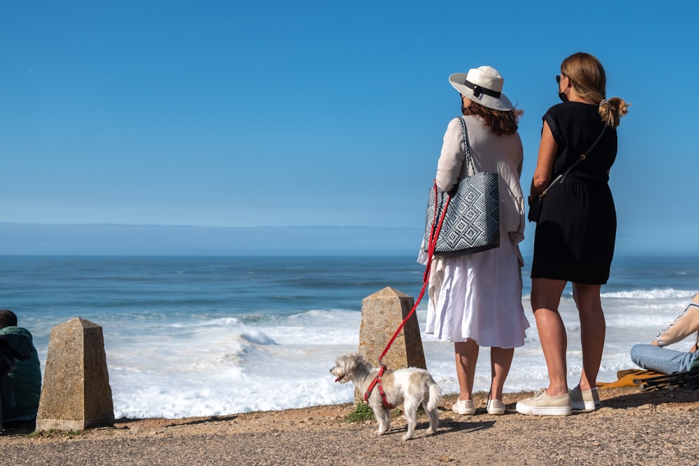 woman in black tank top standing beside white short coated dog on beach during daytime