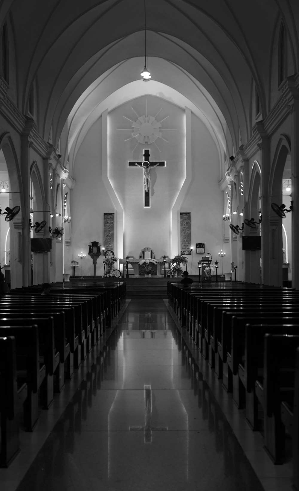 grayscale photo of church interior