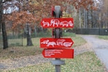 A wooden post featuring three red signs with white animal illustrations. The signs point in different directions and include images of a horse, elephant, pig, and snake on the top sign, a monkey and cheetah on the middle sign, and a bear with other figures on the bottom sign. The text on the bottom sign includes directions to a children's zoo, souvenir shop, cafeteria, and exit. The background shows a forested area with autumn-colored leaves and a paved path.