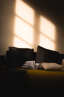 Sunlight filtering through a window onto a cozy nook filled with plush pillows and a well-loved romance paperback