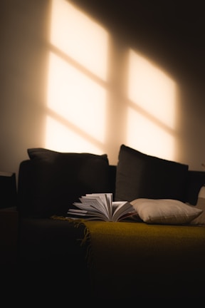 A serene morning light filtering through a cozy reading nook with soft cushions.