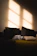 A serene person reading a blog on a cozy couch with soft natural light.