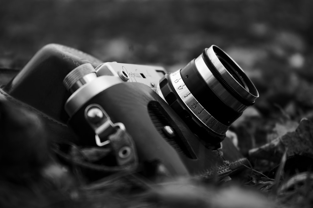 black and white camera on ground