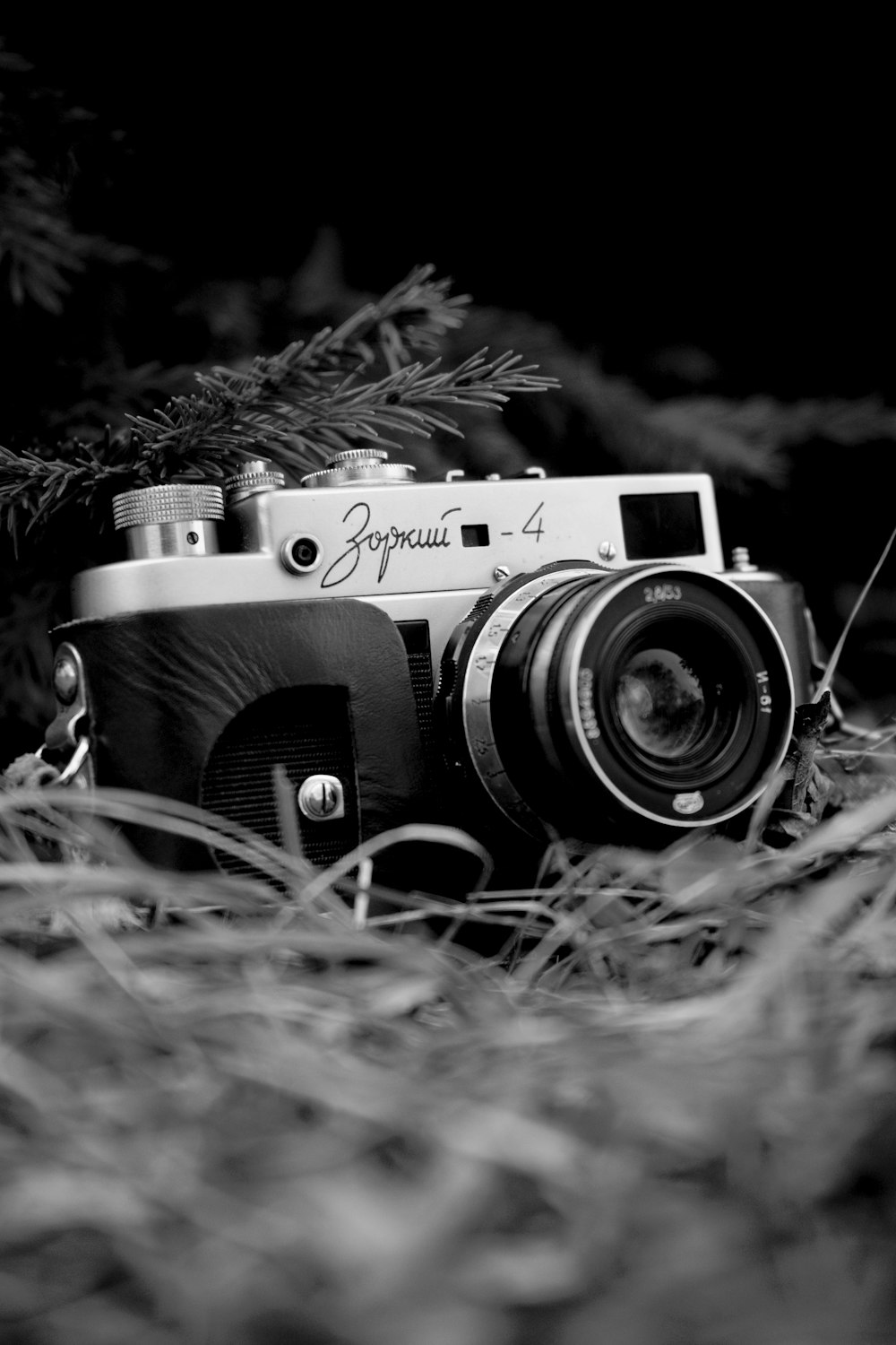 grayscale photo of olympus camera on grass