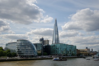 A cityscape featuring modern architecture with a prominent glass skyscraper, known as The Shard, surrounded by other contemporary and older buildings along a riverbank. The sky above is partly cloudy, adding contrast to the urban scene.