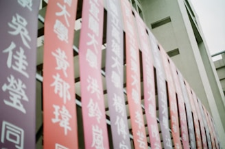 Vertical banners with white Chinese characters hang in a row against a backdrop of a concrete building. The banners vary in shades from dark pink to light purple.