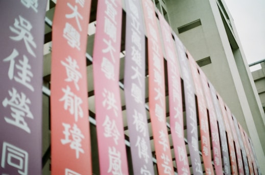 Vertical banners with white Chinese characters hang in a row against a backdrop of a concrete building. The banners vary in shades from dark pink to light purple.