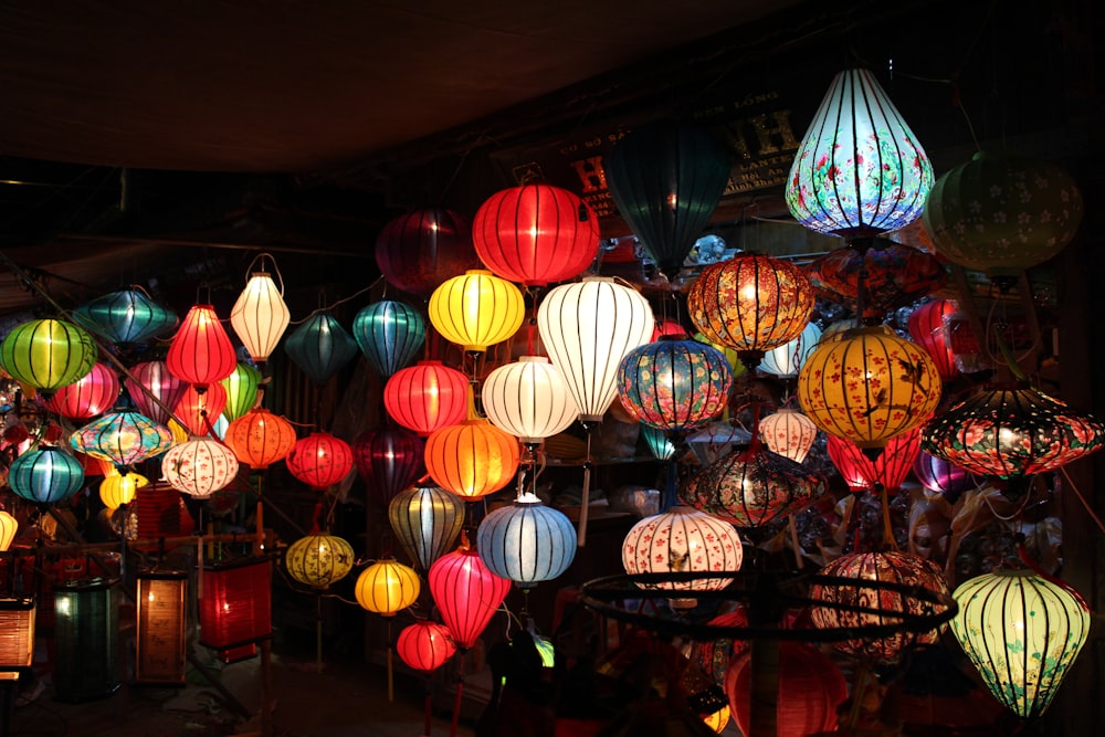 red yellow and green paper lanterns