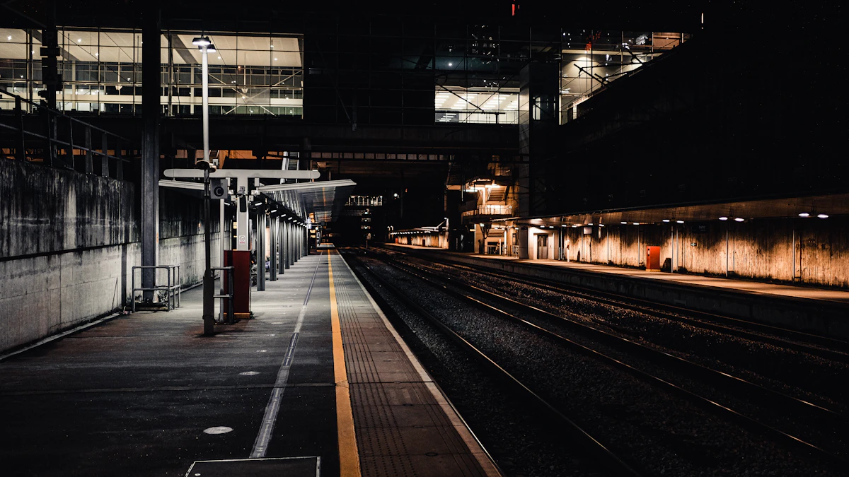 Railway tracks leading into a train station