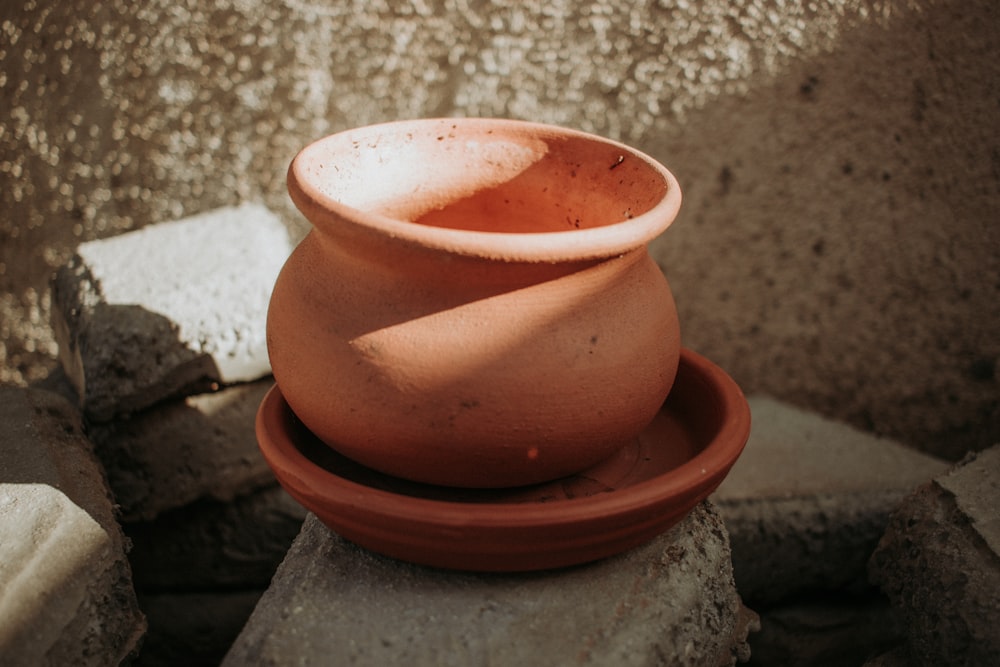 brown clay pot on gray concrete