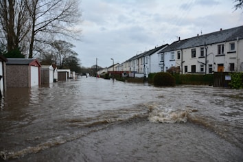 Floodwaters cover a residential street, partially submerging garages and houses on either side. Trees without leaves are visible, and the sky is overcast, adding to the somber atmosphere.