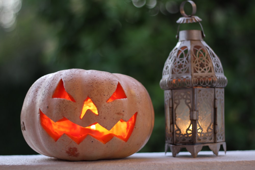 jack o lantern on brown wooden table