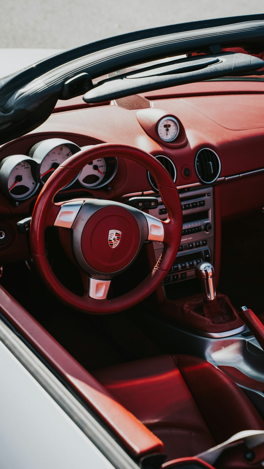 red and white steering wheel