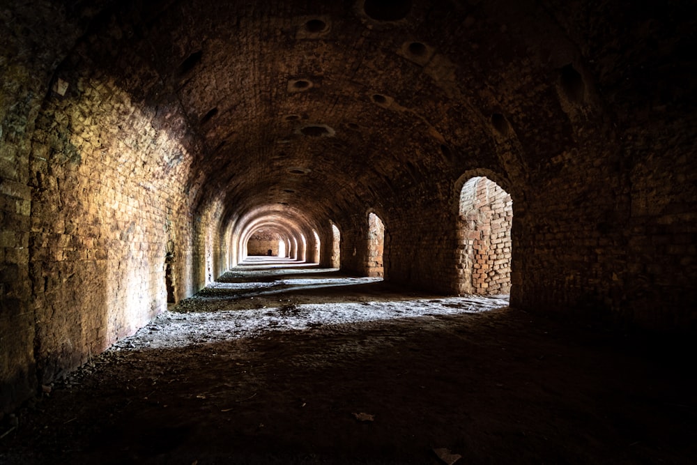 brown brick tunnel with light