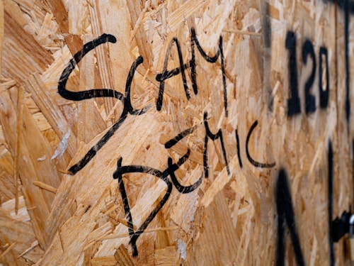 Graffiti in black spray paint spells out 'Scam Demic' on a wooden OSB panel, with parts of other numbers or letters visible nearby.