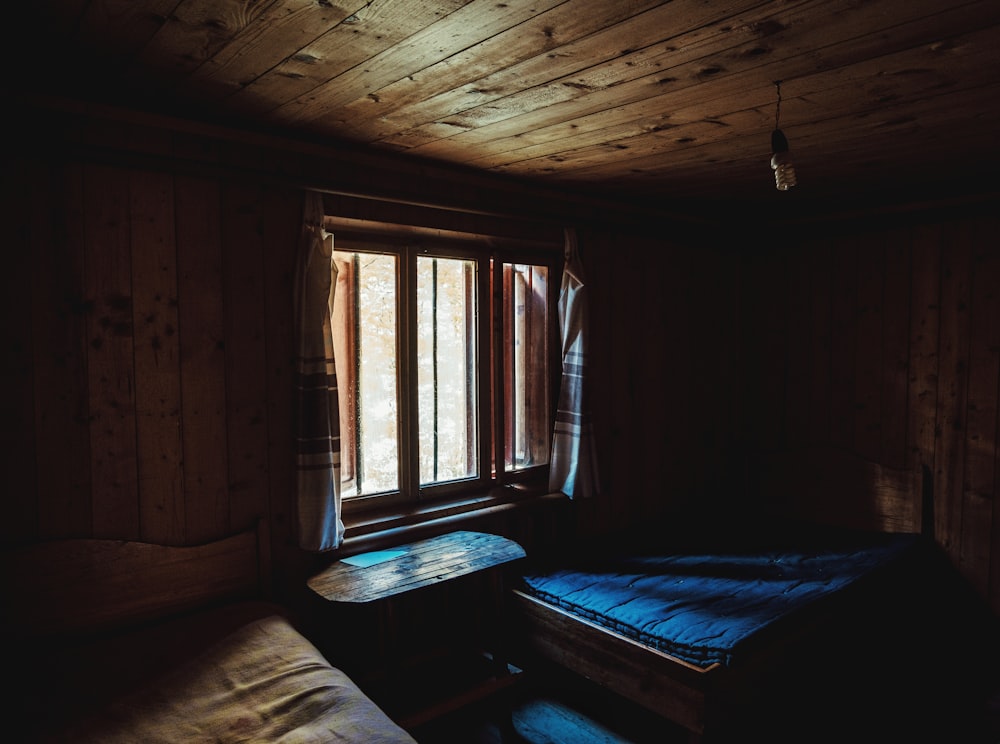 blue bed linen on bed