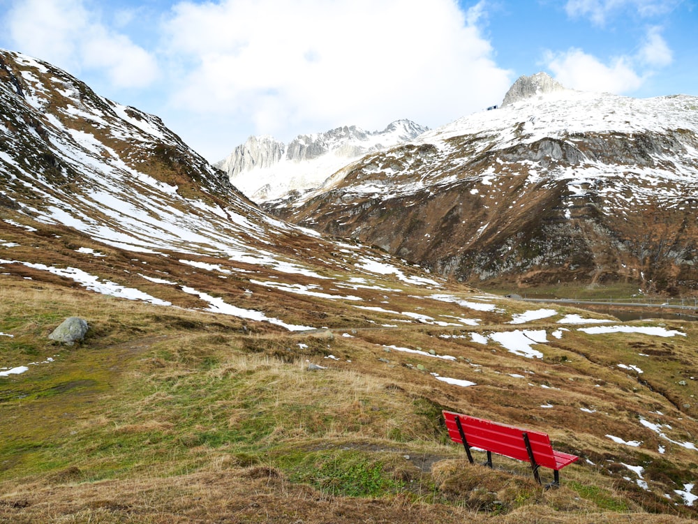 昼間は雪に覆われた山々の近くの緑の芝生の上の赤い木のベンチ