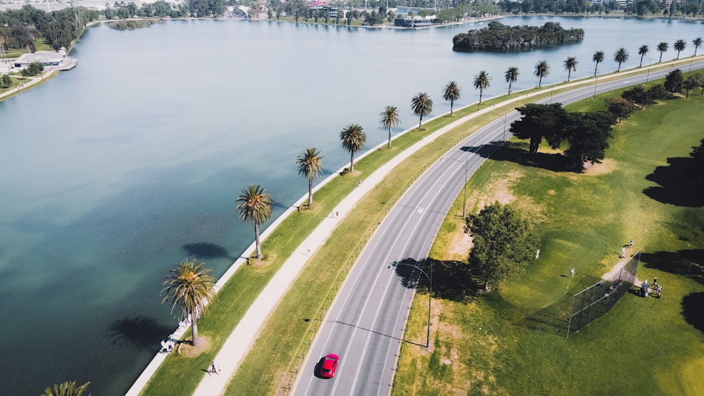 cars on road near green trees and body of water during daytime