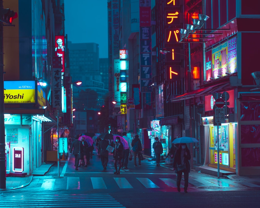 people walking on pedestrian lane during night time