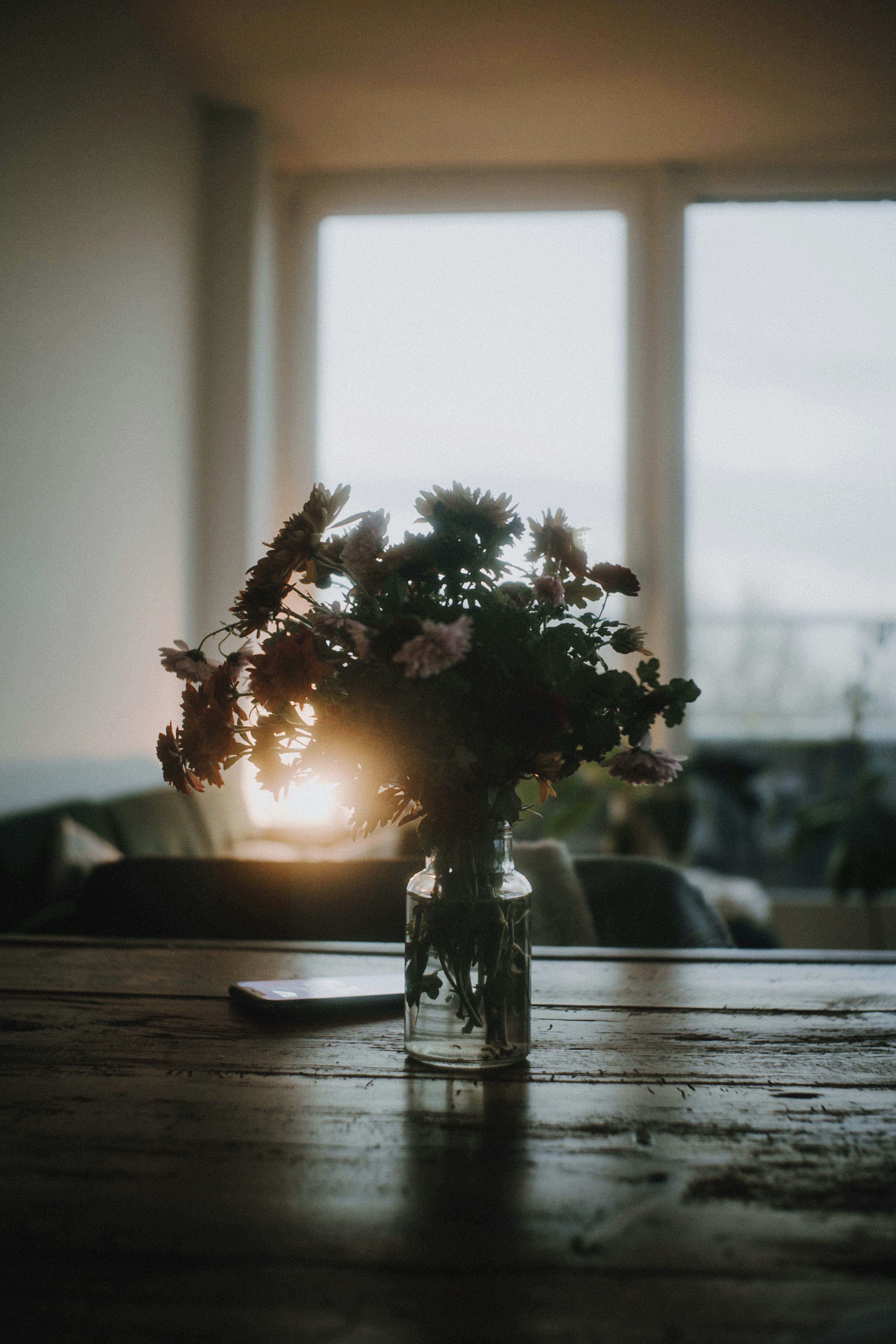 Preserved natural flowers bouquet in glass vase