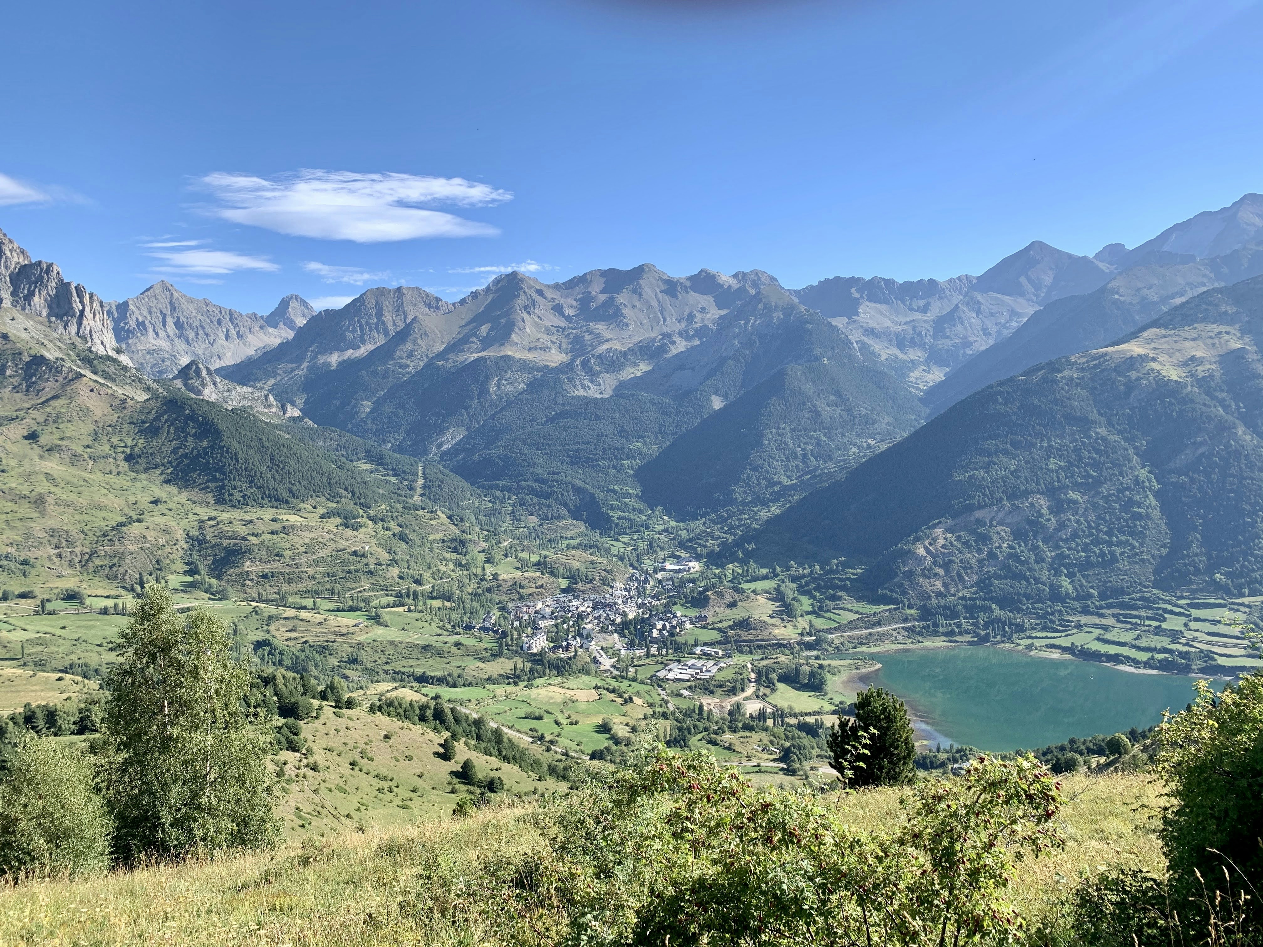 campo de hierba verde cerca del lago y las montañas bajo el cielo azul durante el día