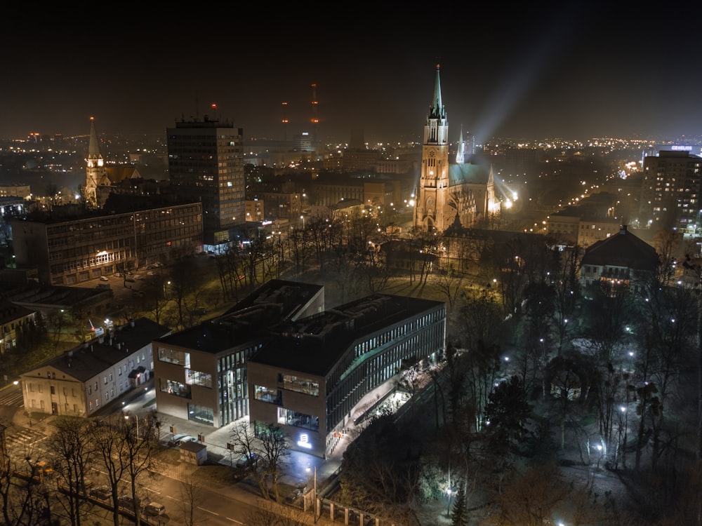 aerial view of city during night time