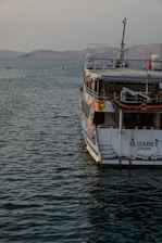 A large boat named 'Elizabeth Zadar' is docked in calm waters. The boat's hull features colorful designs, and it has multiple decks including visible safety equipment. The backdrop includes a serene expanse of water extending towards a mountainous horizon under a light sky.