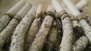 A collection of partially burned cigarettes with white filters and ash-streaked bodies, arranged close together. The brand name is visible near the filters.