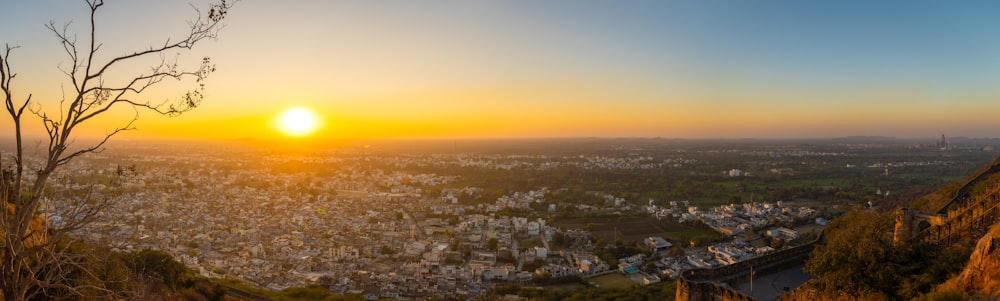 aerial view of city during sunset