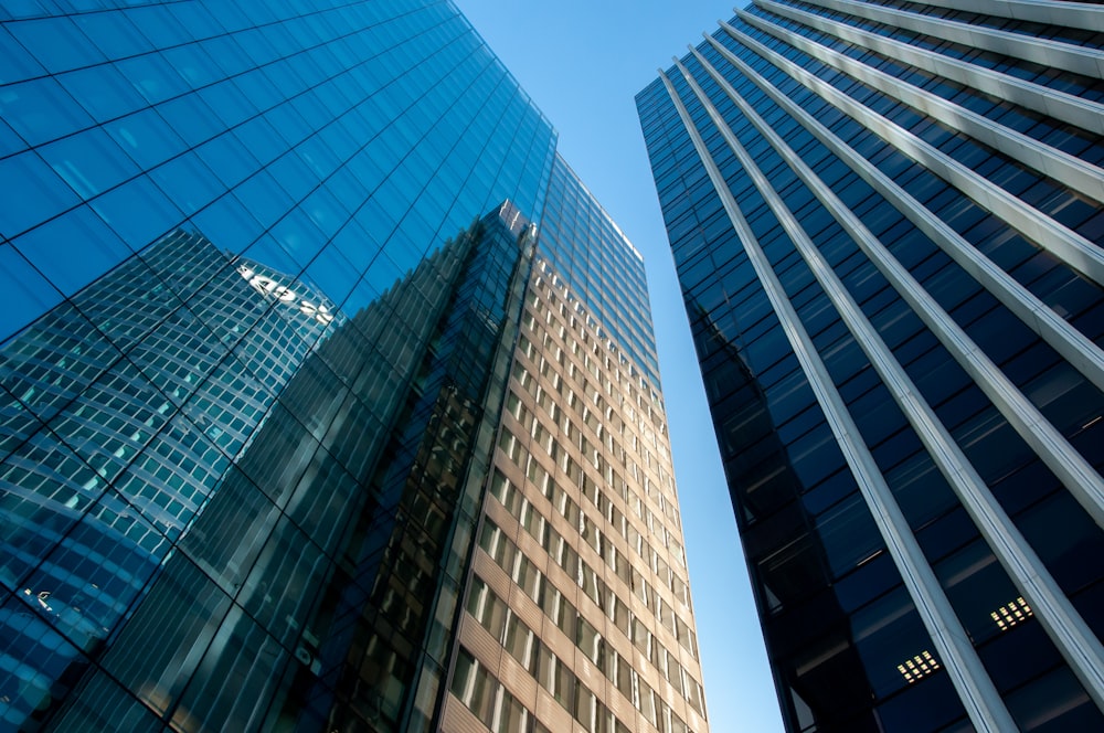 blue glass walled high rise building