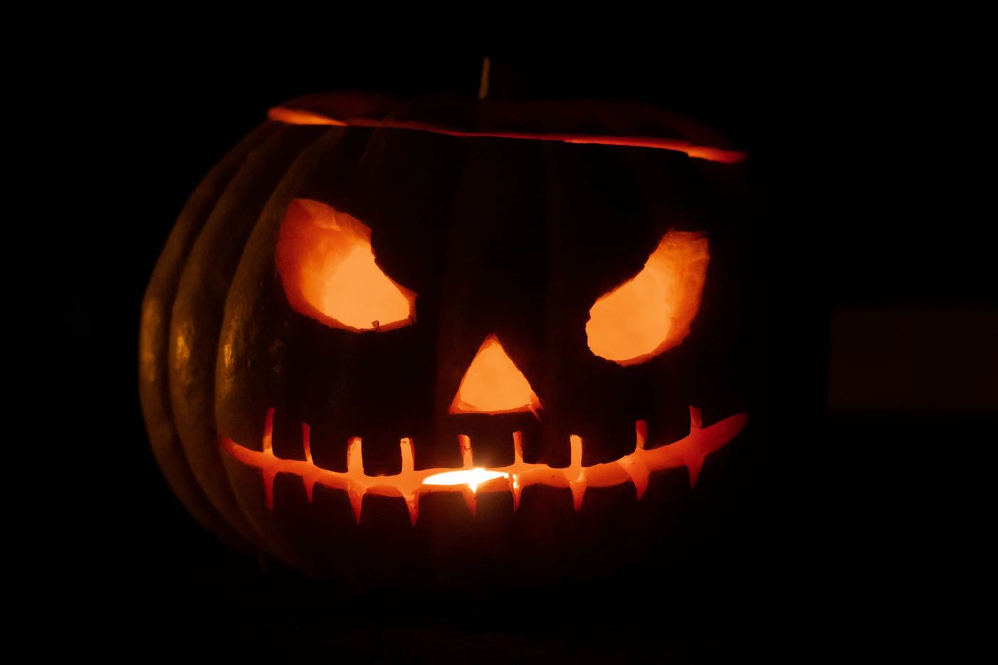 A carved jack-o'-lantern glowing in the dark