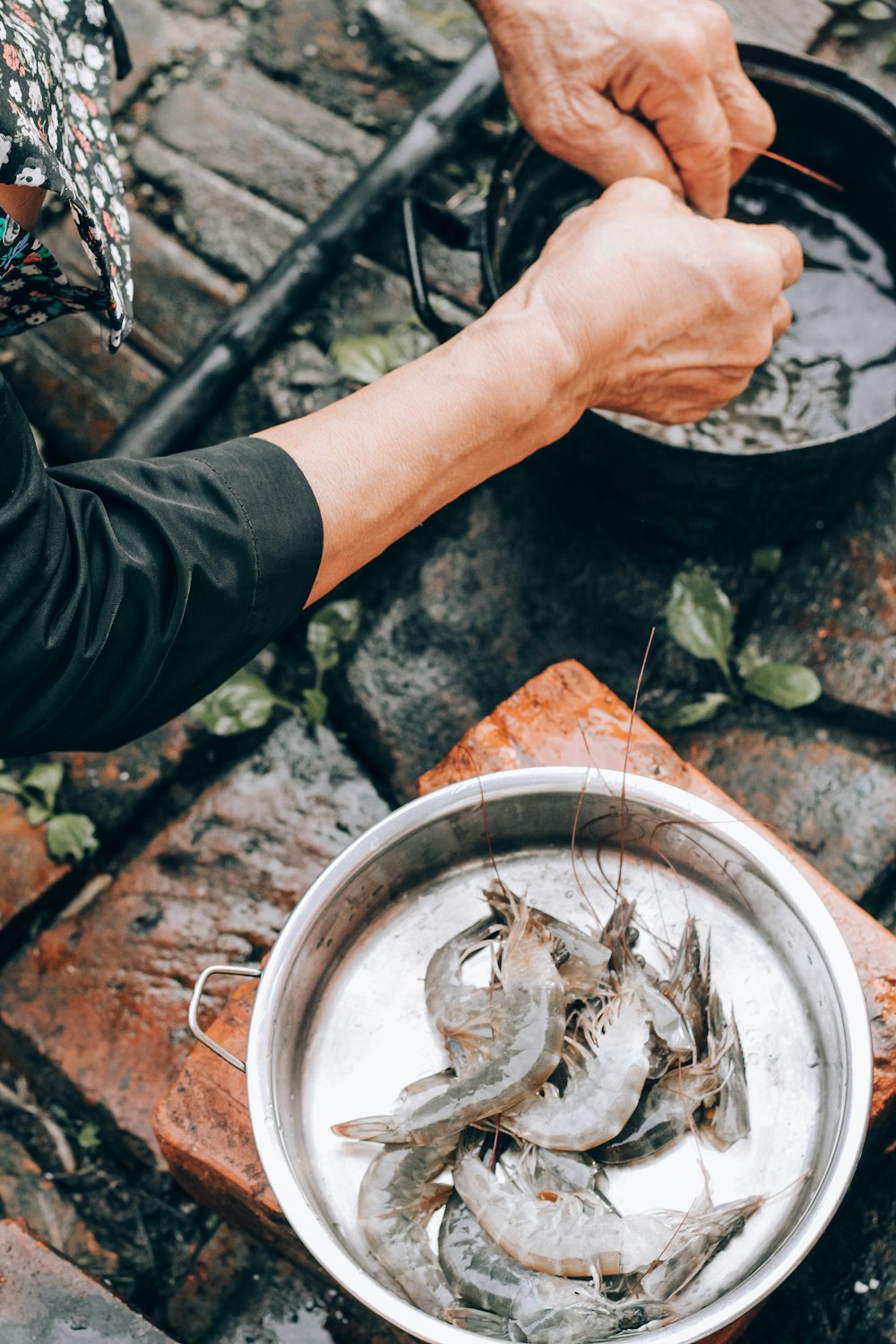 person holding stainless steel bowl with fish