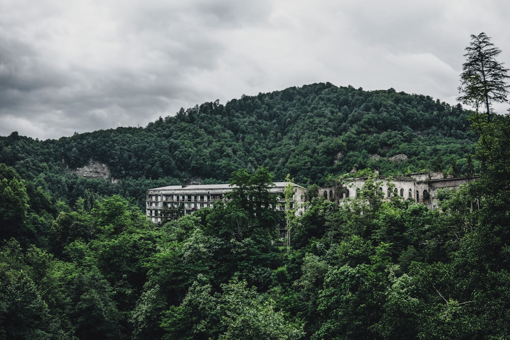 white concrete building surrounded by green trees under white clouds during daytime