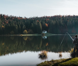 person fishing among green trees beside a lake