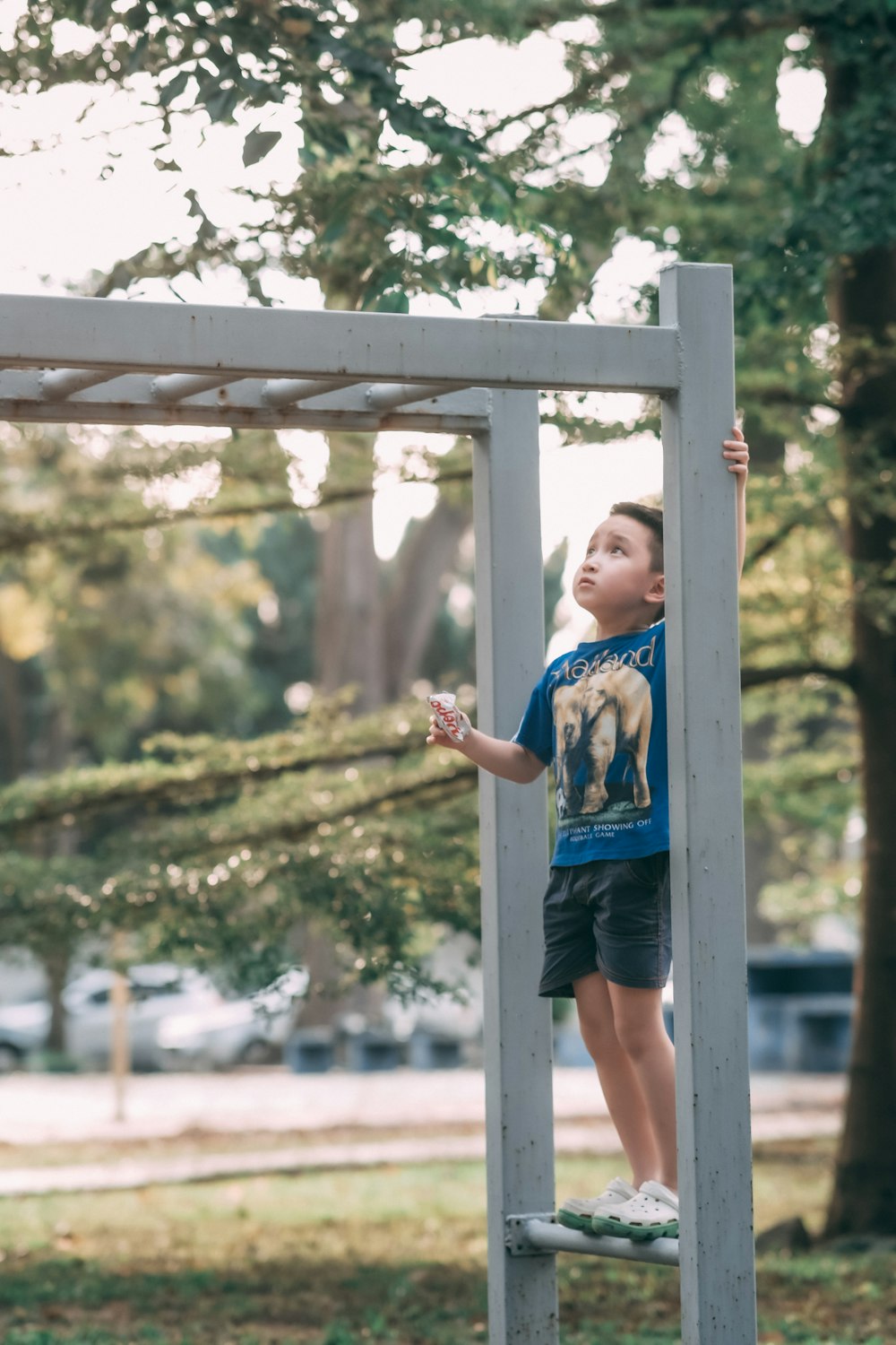 boy in blue crew neck t-shirt and black shorts standing on wooden frame during daytime