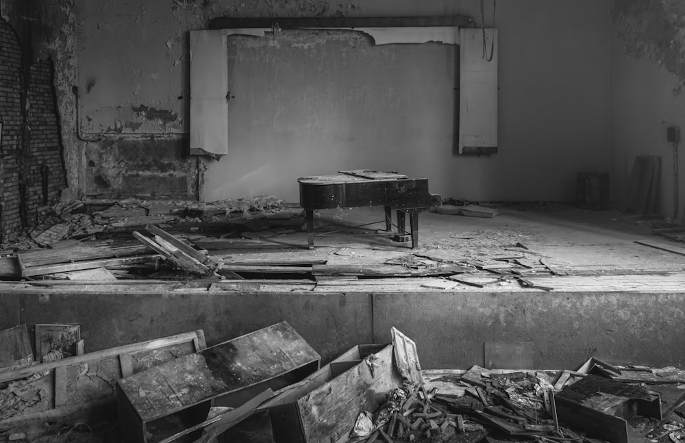 grayscale photo of wooden bench