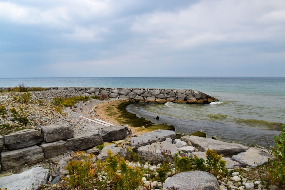 gray rocky shore near body of water under white cloudy sky during daytime