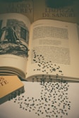 An open book with pages containing printed text and a black and white illustration is surrounded by two closed books that have titles in Spanish. Scattered around the books are small black letters, seemingly detached from the text, lying on a light-colored surface and creating an abstract and artistic arrangement.
