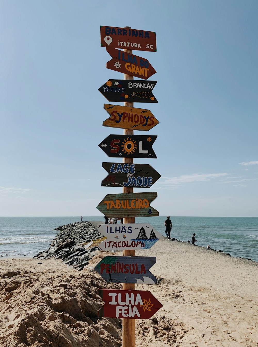 Señalización de madera marrón en la orilla de la playa durante el día