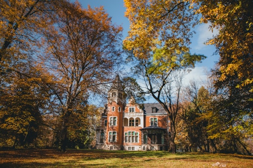 A warm, inviting view of Rockfort Hall's historic facade bathed in soft morning light, with autumn leaves gently falling.