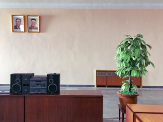 black stereo component on brown wooden table