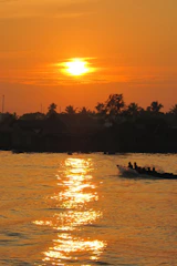 A vibrant sunset cruise on calm waters with silhouettes of people enjoying the golden horizon.