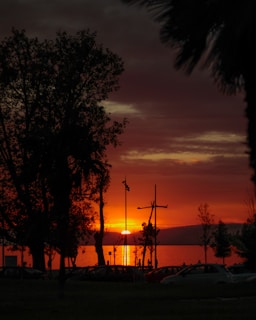Sunset casting warm orange light over a convoy of 4x4 vehicles parked near a serene alpine lake surrounded by forest.