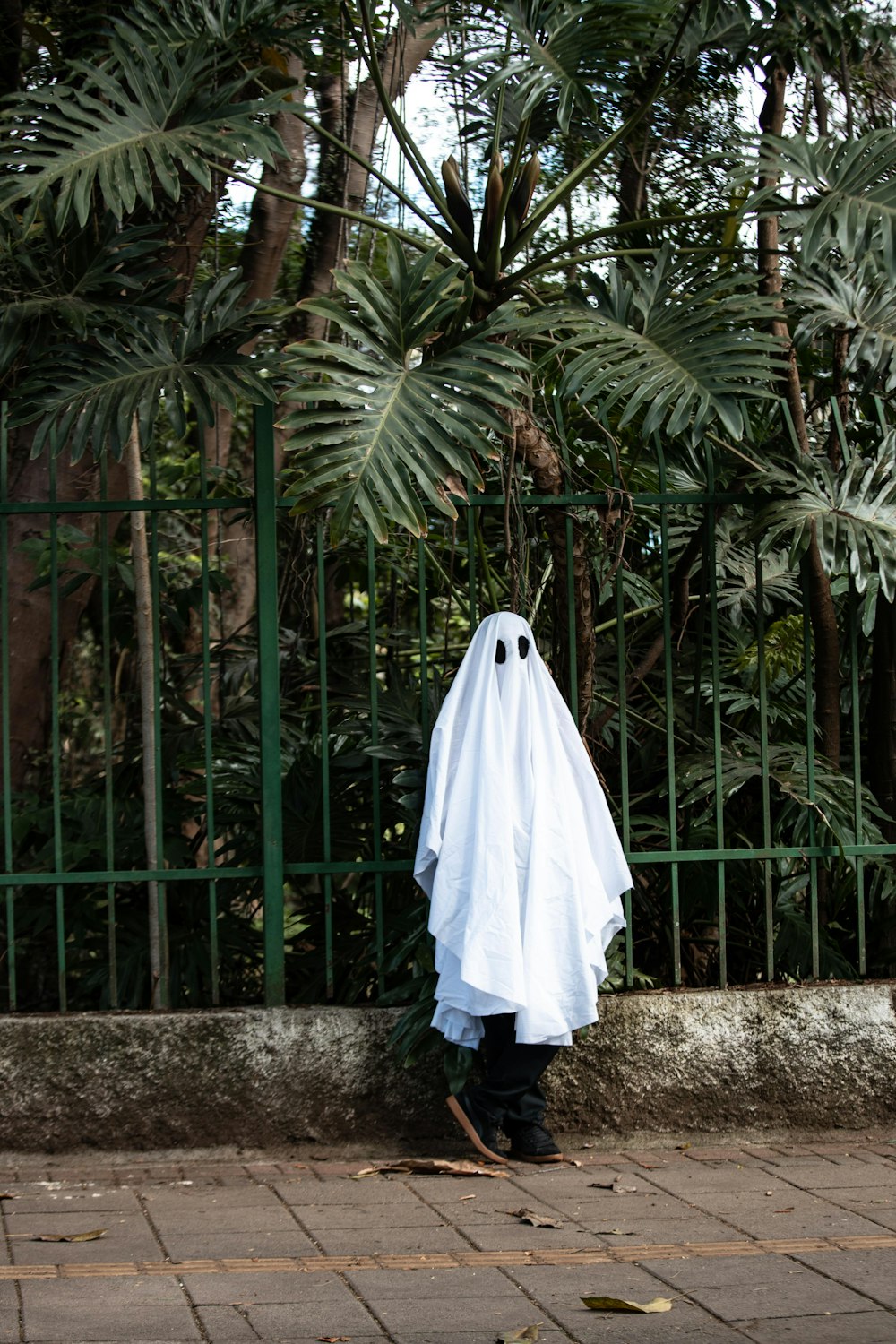 person in white robe standing near green palm tree during daytime