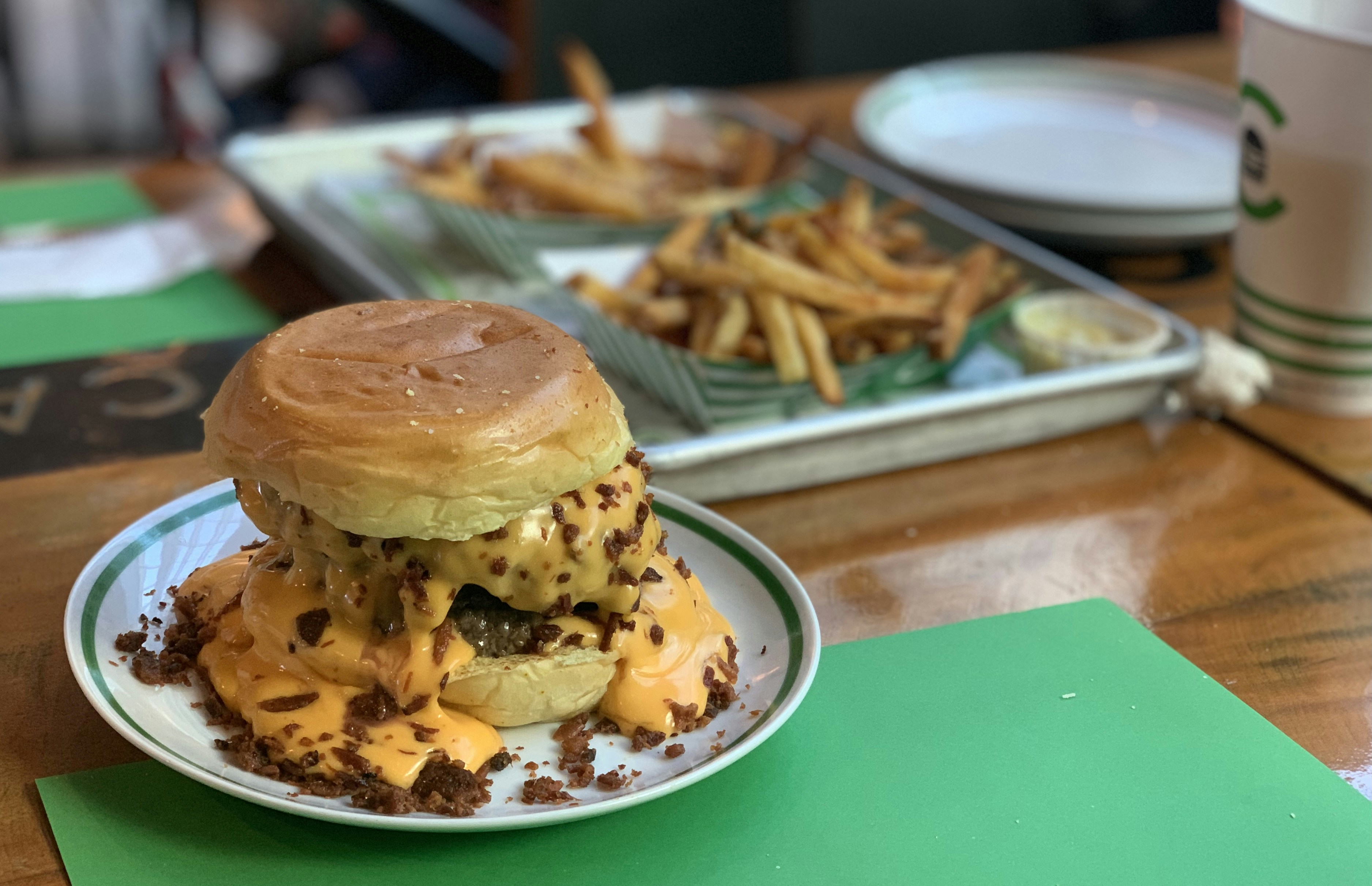 burger with patty and fries on green plate