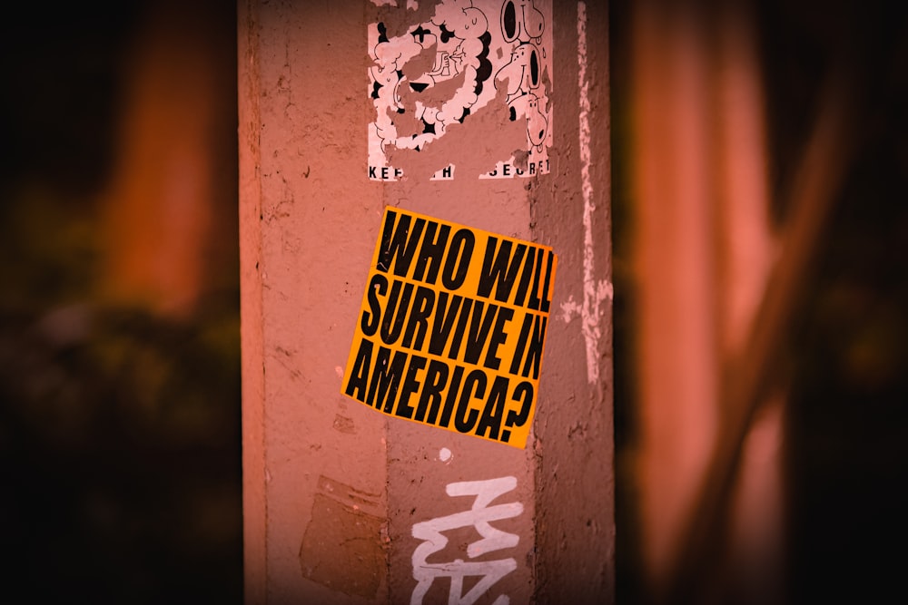 a sticker on the side of a building that says who will survive in america